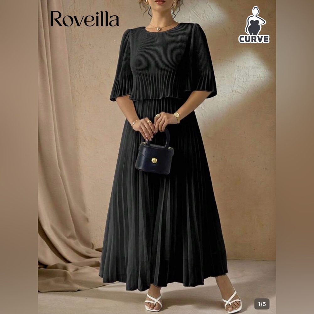 SHEIN Black Pleated Long Sleeve Dress